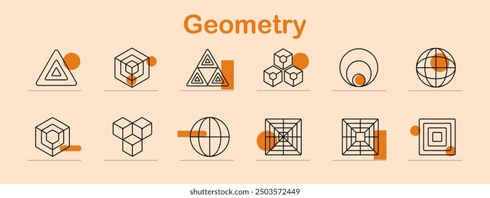 Geometry set icon. Triangle, cube, sphere, circle, square, shape, design, pattern, 3D, abstract, math, geometry, structure, form, vector, illustration, art.