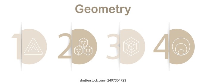 Icono de conjunto de geometría. Triángulo, cubos, cuadrados anidados, circunferencias concéntricas, Formas, matemáticas, diseño, estructura, patrones, abstracto, geometría, símbolos, arte visual, educación, herramientas de geometría, gráficos