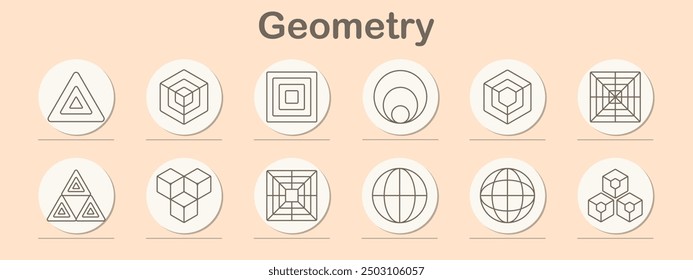 Geometry set icon. Triangle, hexagon, square, circle, cube, grid, sphere, polygon, structure, 3D, symmetry, abstract, design, shape, graphic, pattern, vector, geometry, line, art, object, architecture
