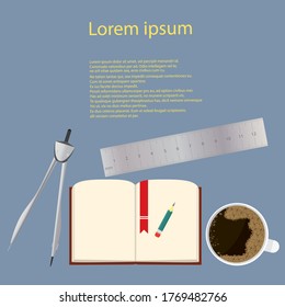 Geometry set and open book with blank paper sheet, metal rules and pencil. Vector illustration