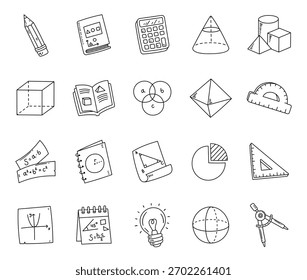 Geometría establecida en el arte de líneas de contorno que muestra herramientas educativas, libros, gráficos y Formas para el aprendizaje, la medición, el dibujo, el estudio, la enseñanza y el desarrollo de conocimientos para proyectos de aula