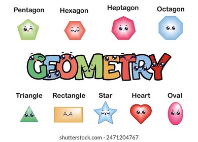 geometry shapes character with shape names cute mathematics learning character set for kids preschool primary education clipart