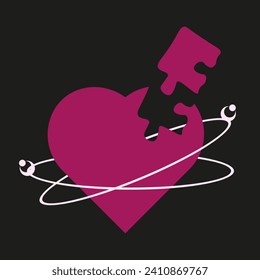 Geometry shapes in neon pink color. 3D puzzle heart, Valentine's day banner in trendy psychedelic rave style. 00s Y2k retro aesthetic. Love concept. Vector art for social media. Design t-shirt print