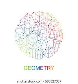 Geometry Shapes. Round Color Stamp Symbol. Isometric Outline Obgects. Linear Math Icon. Isolated On White Background. Vector Illustration. 