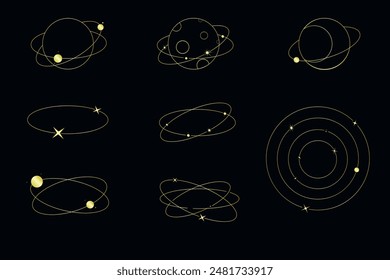 Geometrie Formen mit Sternen, Planeten und Galaxien. Himmelsformen Logo-Design, Alchemie-Symbol, astronomische Zeichen isoliert. Vektorillustration