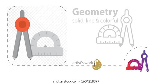 geometry sign. Compass with protractor vector flat illustration, solid, line icon