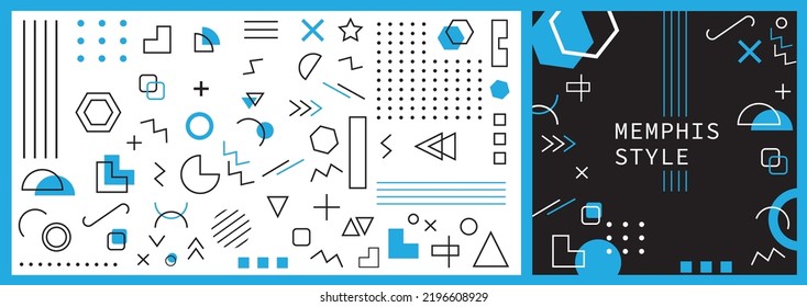 Geometry signs set. Memphis style. Color poster blue black and white.