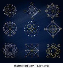 Geometry signs. Vector alchemy mystical symbols set on the dark blue background