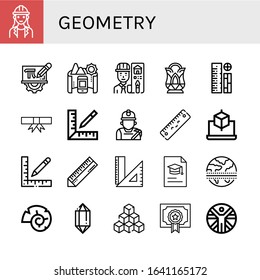 geometry simple icons set. Contains such icons as Architect, Mathematics, Panorama, Crystal, Rulers, Degree, Ruler, Miner, Cube, Equator, can be used for web, mobile and logo