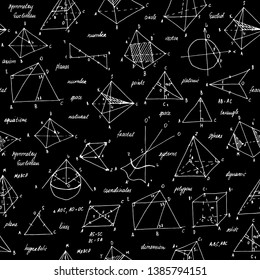 Geometry sketch. Seamless texture. School blackboard with the sketches and geometrical elements. 