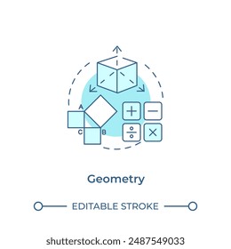 Icono de concepto de geometría azul suave. Asignatura escolar. Operaciones matemáticas. Formas geométricas. Concepto educativo. Ilustración de línea de forma redonda. Abstractas idea. Diseño gráfico. Fácil de usar en el artículo