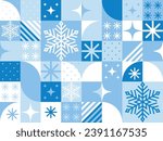 Geometry square tile seamless winter pattern. Seasonal blue abstract background with geometric elements snowflakes and sparks. Endless mosaic ornament for design