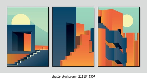 Geometry stairs posters. Abstract contemporary architectural banners with oriental buildings. Minimal arches and steps. Overlaying shadows and lights from sunset or sunrise. Vector city panorama set