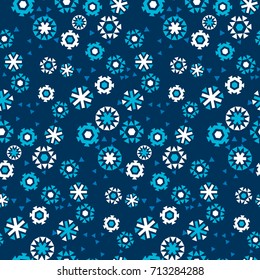 geometry style deep blue snowflake seamless pattern vector illustration.  blue winter repeatable motif for fabric, wrapping paper, surface design. flat design ice floral abstract snow