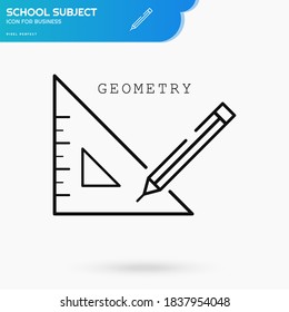 Geometry subject black linear icon vector template for school, collage or academy with rule and pencil on white background. Education and science. Eps 10 vector