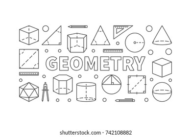 Geometry subject vector horizontal banner or illustration in thin line style on white background