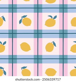 Geometry tartan and lemon seamless pattern design. Checkered bright design for  tablecloth and other kitchen things. Vector simple and stylish seamless print design