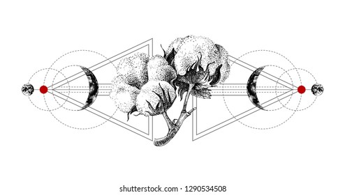 Geometry tattoo with hand drawn cotton. Vector illustration