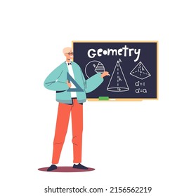 Geometry teacher at blackboard explaining math lesson. School pedagogue at chalkboard isolated on white. Education, science and presentation on black board concept. Cartoon flat vector illustration