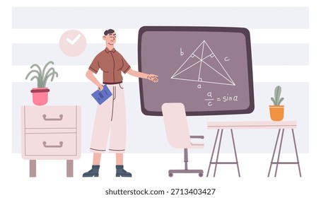 Figura de matemática del espectáculo del carácter del profesor de la geometría en pizarra