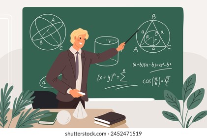 Geometry teacher giving lecture. School education. Learning mathematics. Math formulas and calculations in white chalk on blackboard. Professor at chalkboard. Garish