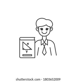 Geometry teacher line icon. linear style sign for mobile concept and web design. Man teacher with geometry book outline vector icon. Symbol, logo illustration. Vector graphics