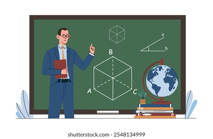 Professor de geometria perto do quadro. O homem desenha formas geométricas no quadro negro. Lição na escola e palestra na universidade. Educação e formação, aprendizagem. Ilustração de vetor plano