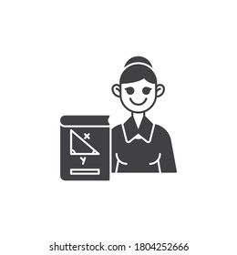 Geometry teacher vector icon. filled flat sign for mobile concept and web design. Woman teacher with geometry book glyph icon. Symbol, logo illustration. Vector graphics