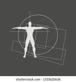 Geometry thin lines shapes with silhouette of a muscular man. Biology and bodybuilding concept