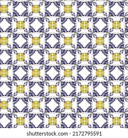  Geometry tile seamless pattern in portugales style yellow and blue ornament. Azulejos vector, fashion interior design tiles. Ornamental textile background