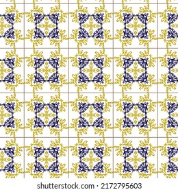  Patrón sin fisuras geométricas en adorno amarillo y azul estilo portugales. Azulejos vectorial, baldosas de diseño interior de moda. Fondo textil ornamental