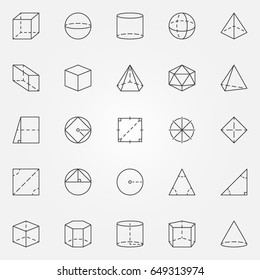 Geometry and trigonometry icons set. Vector collection of pyramid, cube, sphere, cone symbols or design elements in thin line style