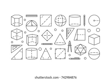 Geometry vector concept illustration made with outline icons of geometrical figures on white background