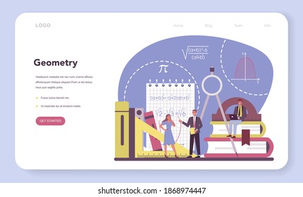 Geometry web banner or landing page. Mathematician seek and use scientific pattern and research to formulate new calculation. Math analysis and conjecture computing. Vector illustration.