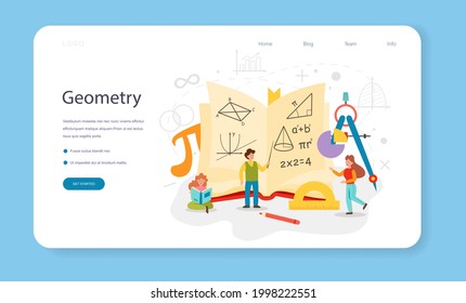Banner web de geometría o página de inicio. Tarea abstracta con cálculo matemático. Fórmula teórica y de ingeniería. Ilustración vectorial plana aislada
