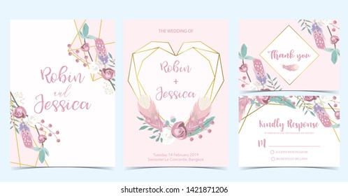 Geometry wedding invitation with rose and leaves.Vector birthday invitation for kid and baby