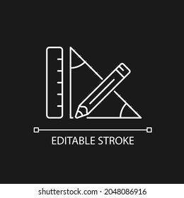 Geometry white linear icon for dark theme. Pencil and ruler. Geometrical problem solving. Thin line customizable illustration. Isolated vector contour symbol for night mode. Editable stroke
