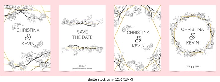 Geometry white,black,gold outline wedding invitation card with rose,leaf,wreath,feather drawing and frame