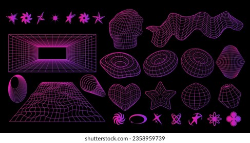 Geometry Wireframe 3d Formen und Gitter. Cyberpunk y2k Set in neonrosa Farbe. Vektorgrafik