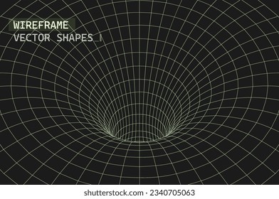 Geometry wireframe 3D tunnel, wormhol or portal on dark background. ci-fi digital illustration of portal though time and space. 3D polygonal wireframe. Y2K Cyberpunk elements in trendy psychedelic rav