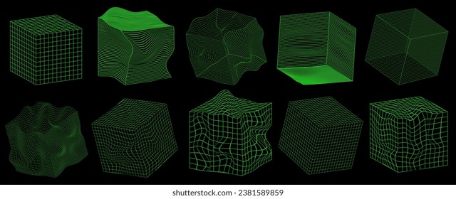 Formas de cubo de trama geométrica en color verde neón. Los cubos 3D son fondos abstractos, patrones, elementos ciberpunk en el estilo de rave psicodélico de moda. Estética retro futurista de los años 2000.