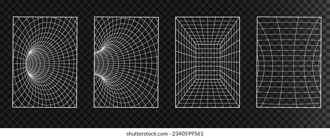 Geometry wireframe distorted grid backgrounds. Y2K Retrowave shapes. Cyberpunk elements in trendy psychedelic rave style