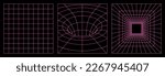 Geometry wireframe grid backgrounds in neon pink color. 3D abstract posters, patterns, cyberpunk elements in trendy psychedelic rave style. 00s Y2k retro futuristic aesthetic.