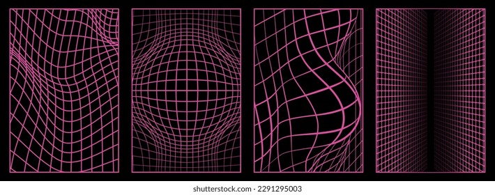 Geometry wireframe grid backgrounds in neon pink color. 3D abstract posters, patterns, cyberpunk elements in trendy psychedelic rave style