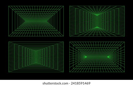 Geometry wireframe grid backgrounds in neon green color isolated on black.  Room projection grids in futuristic 3d style. 