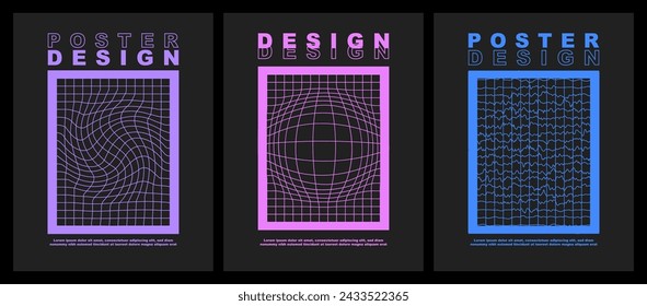 Geometry wireframe grid backgrounds in neon color. 3D abstract posters, patterns, cyberpunk elements in trendy psychedelic rave style. 00s Y2k retro futuristic aesthetic.