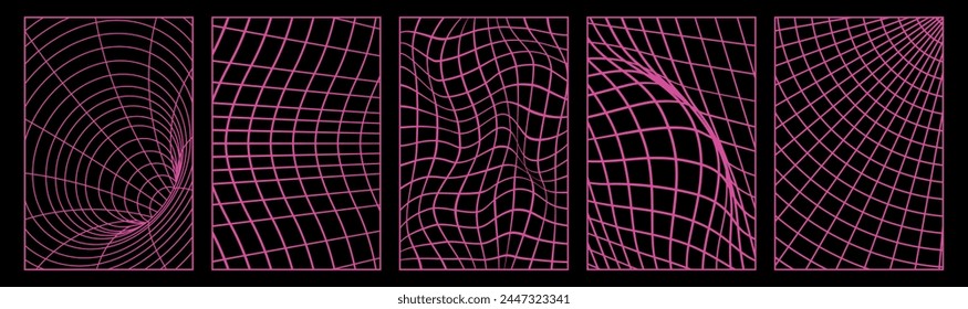 Fondos de malla de alambre de geometría en color rosa neón. Afiches abstractos 3D. Elementos cyberpunk en estilo rave psicodélico de moda