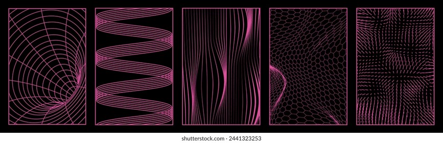 Geometry wireframe grid and tunnel circle. Rave psychedelic retro futuristic set. 3D abstract posters, patterns, elements isolated on black background. 