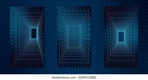 Geometry wireframe grid tunnels in 3D, featuring abstract shapes. Neon blue lines create a retro y2k cyberpunk aesthetic. Tech mesh patterns dominate this futuristic design element set.