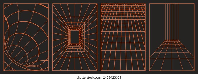 Geometry wireframe mesh background in orange color. 3D abstract posters, patterns, cyberpunk elements in a trendy psychedelic rave style. Retro-futuristic aesthetics of the 00s 2000.